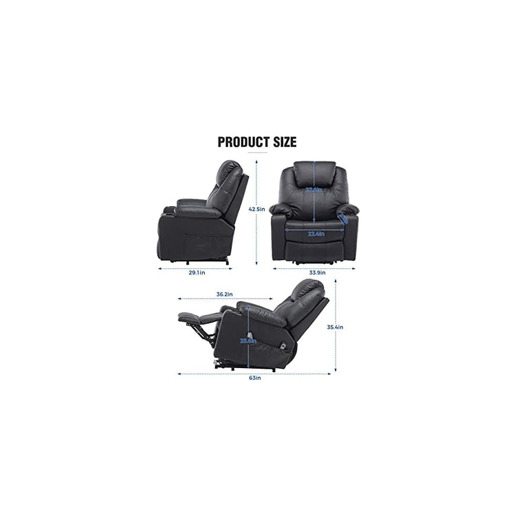 Recliner Chair for Living Room Large Power Lift Recliner Chairs,Pu Leather Massage and Heat Sofa Chairs for Elderly,2 Side Pockets and Cup Holders