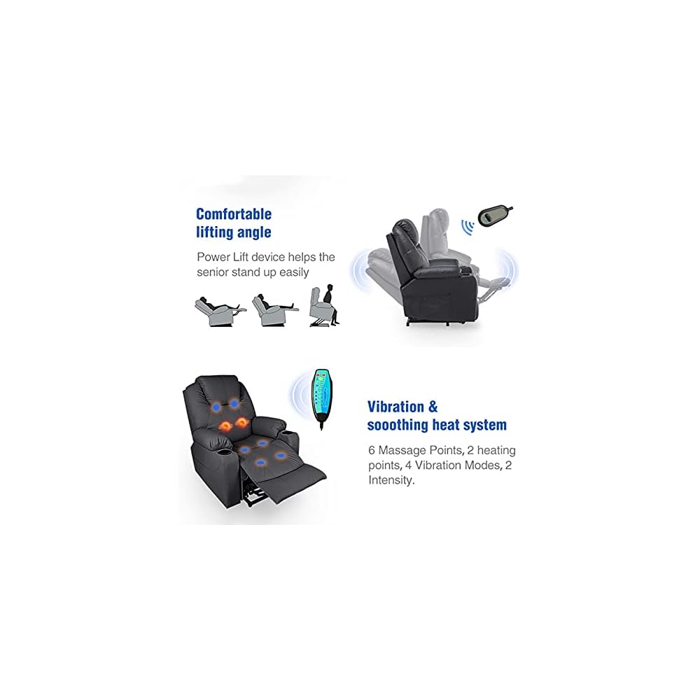 Recliner Chair for Living Room Large Power Lift Recliner Chairs,Pu Leather Massage and Heat Sofa Chairs for Elderly,2 Side Pockets and Cup Holders