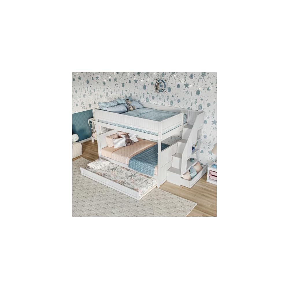 Staircase Bunk Bed with Twin Trundle & Storage Drawer White/Full over Full