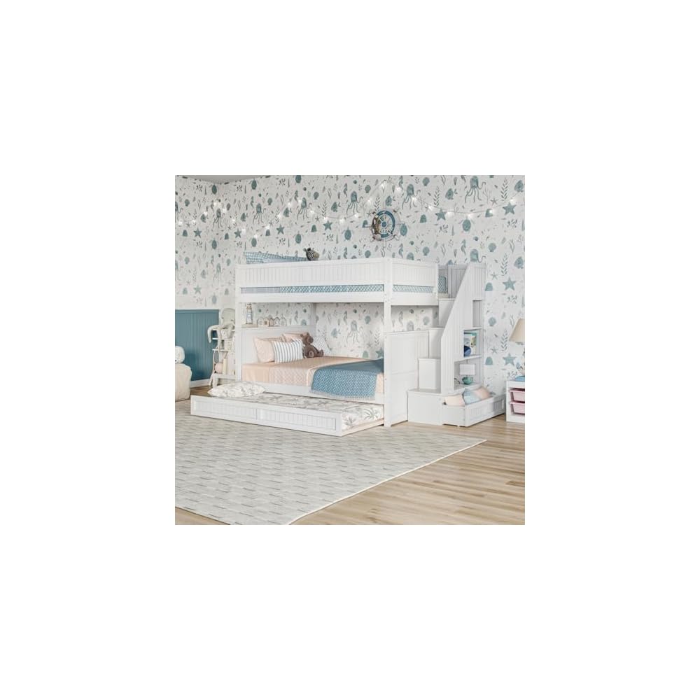 Staircase Bunk Bed with Twin Trundle & Storage Drawer White/Full over Full