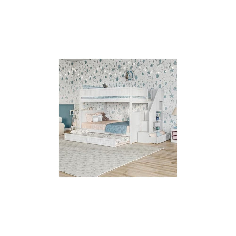 Staircase Bunk Bed with Twin Trundle & Storage Drawer White/Full over Full