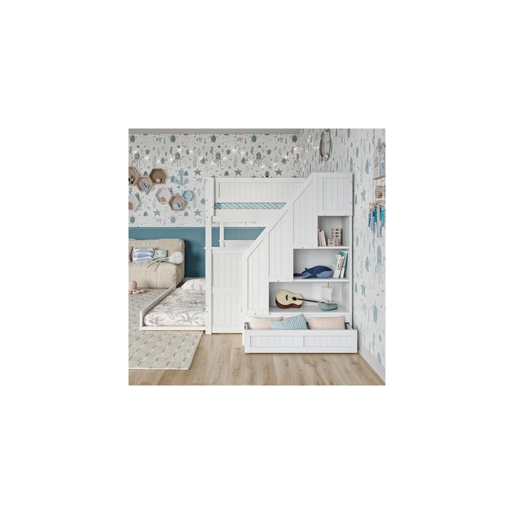 Staircase Bunk Bed with Twin Trundle & Storage Drawer White/Full over Full
