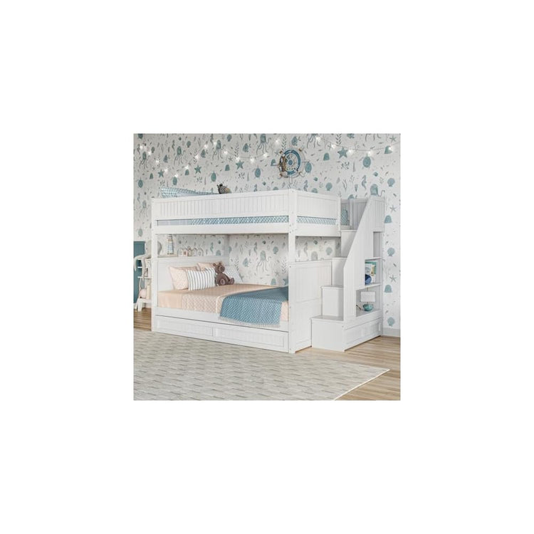 Staircase Bunk Bed with Twin Trundle & Storage Drawer White/Full over Full