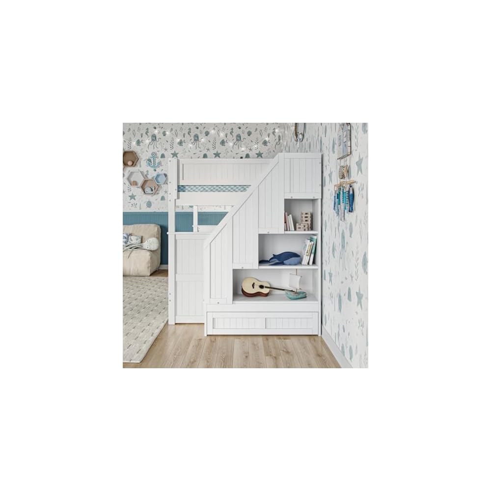Staircase Bunk Bed with Twin Trundle & Storage Drawer White/Full over Full