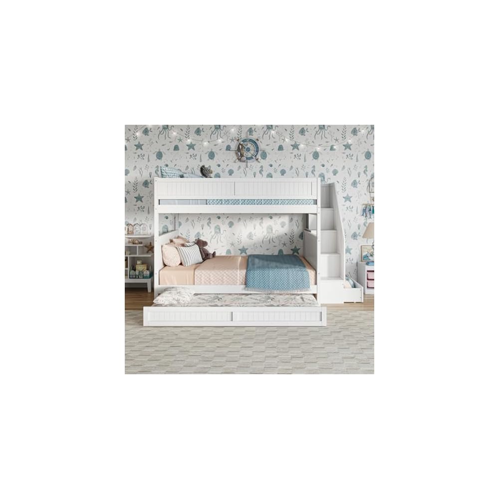 Staircase Bunk Bed with Twin Trundle & Storage Drawer White/Full over Full