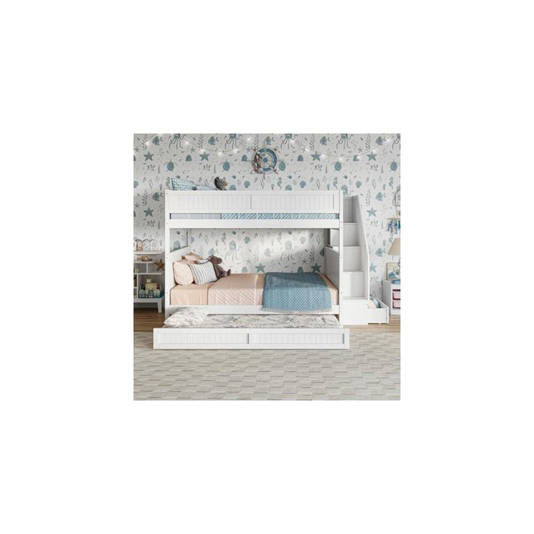 Staircase Bunk Bed with Twin Trundle & Storage Drawer White/Full over Full