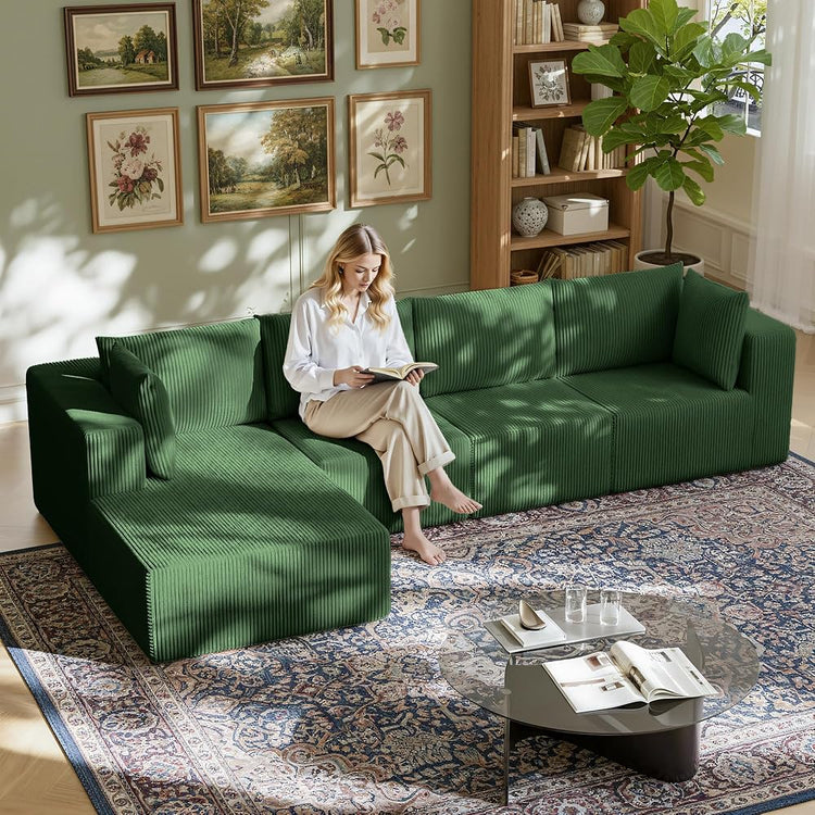 138" Boneless Couches for Living Room, Modular Cloud Couch Sofa - 4 Pieces L Shap Corduroy Sectional Sofa, Fluffy Memory Foam Sleeper Sofa Furniture, No Assembly, Wide Armrest, Green